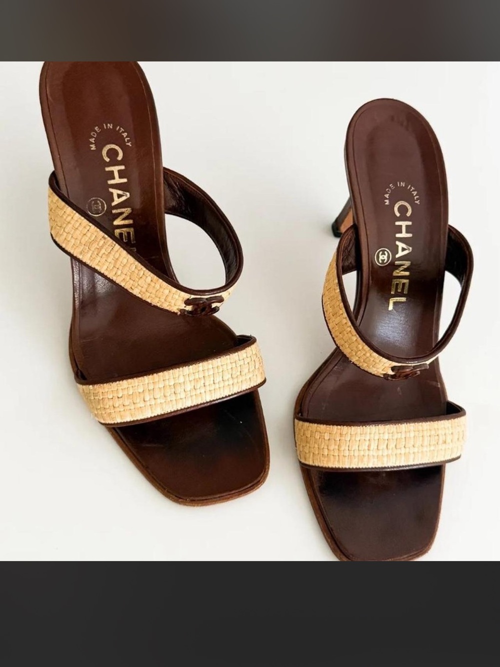 CHANEL Brown Leather and Natural Raffia Strap Heeled Sandals